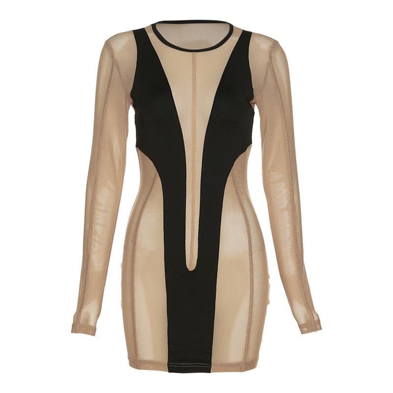 Long sleeve round neck contrast mesh patchwork mini dress 2