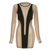 Long sleeve round neck contrast mesh patchwork mini dress 2