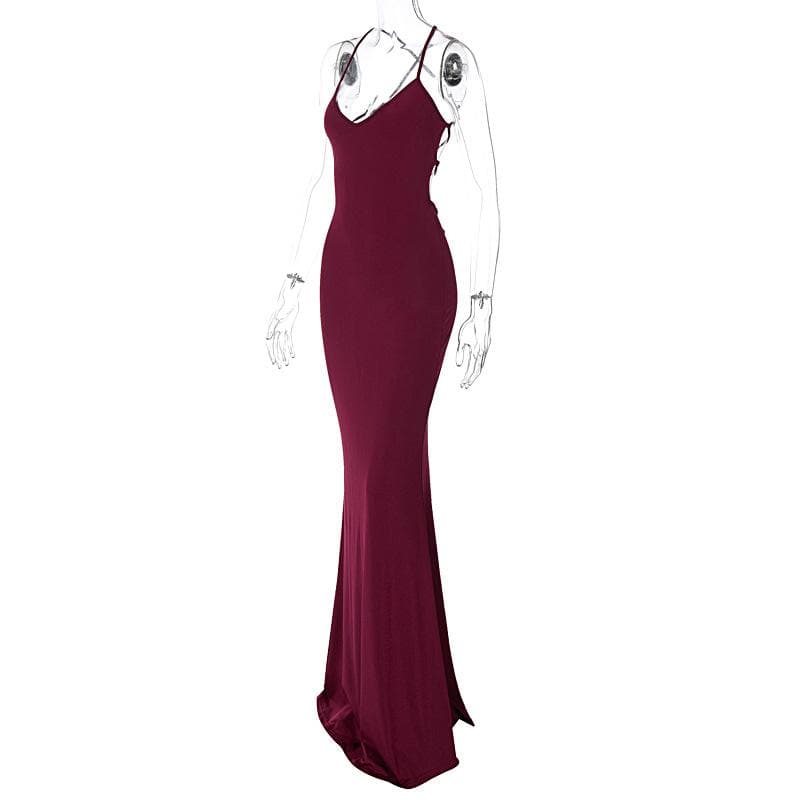 Ruched solid backless cross back v neck lace up maxi dress 8