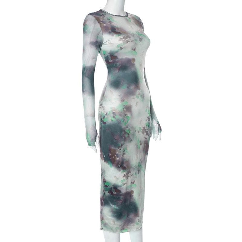Long sleeve crewneck tie dye mesh gloves contrast midi dress 3