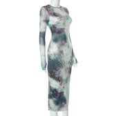 Long sleeve crewneck tie dye mesh gloves contrast midi dress 3