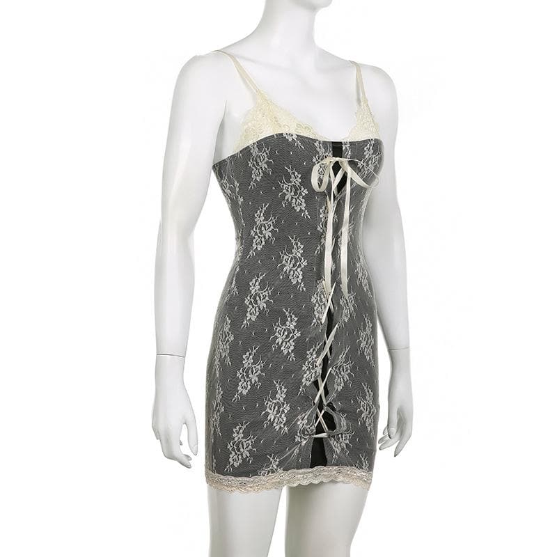 Sheer Lace Tie Front Cardigan and Lace Up Mini Dress Two Piece Set 4