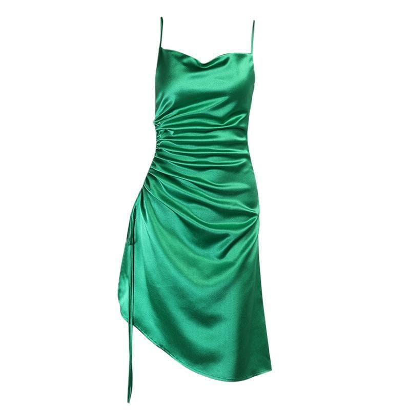 Satin Cowl Neck Spaghetti Strap Ruched Drawstring Side Midi Dress