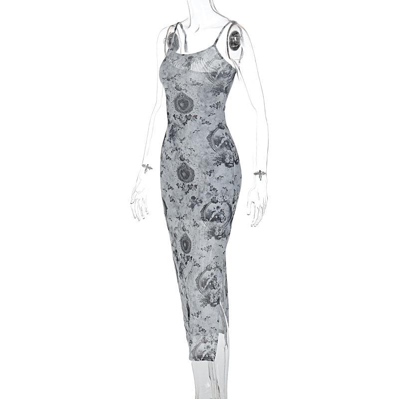 Slit contrast print sheer mesh see through u neck cami midi dress 3
