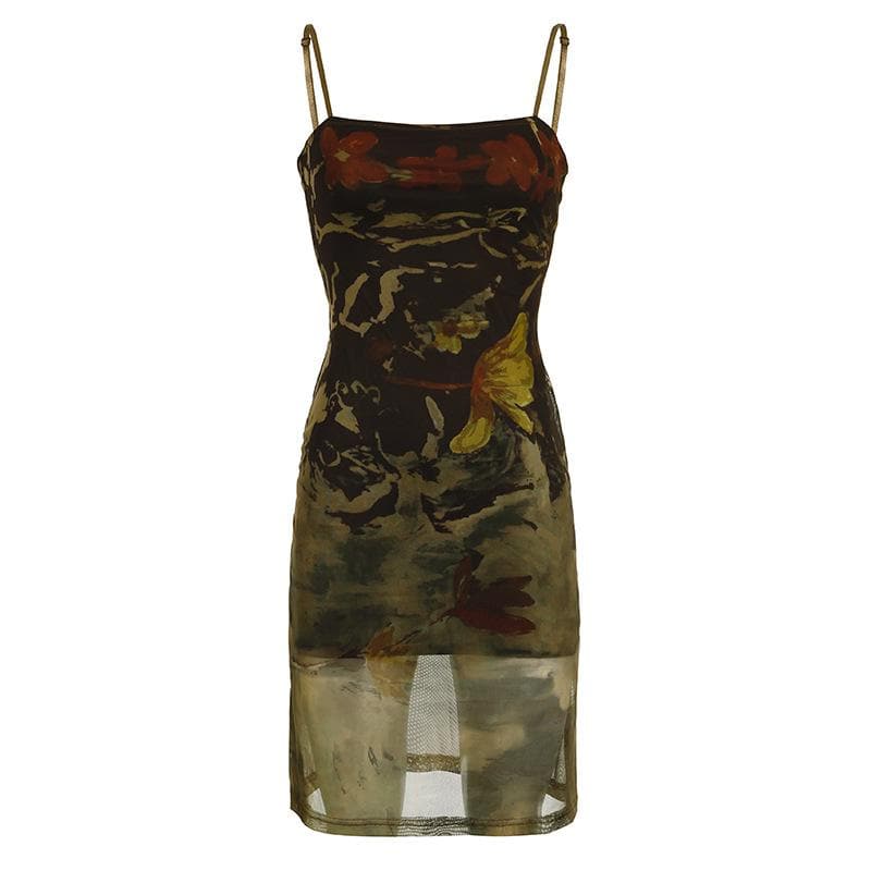 Mesh abstract print square neck contrast cami midi dress 2