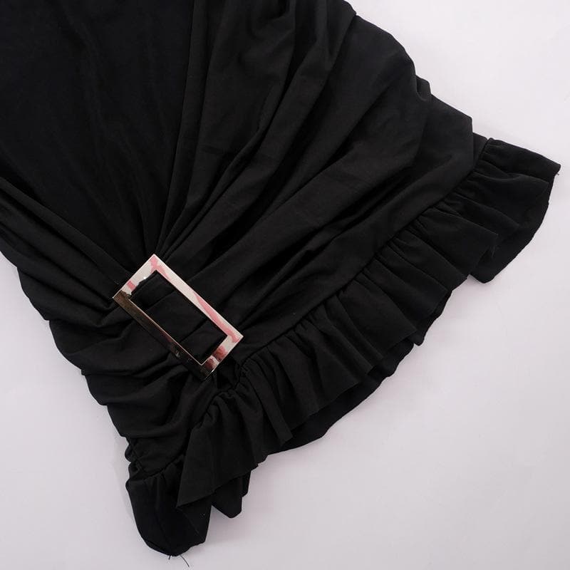 Mesh one shoulder buckle ruffle irregular mini dress 5