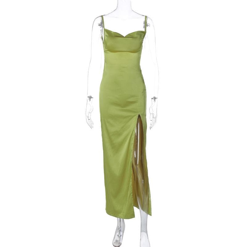 Cowl neck solid backless slit satin cami maxi dress 3