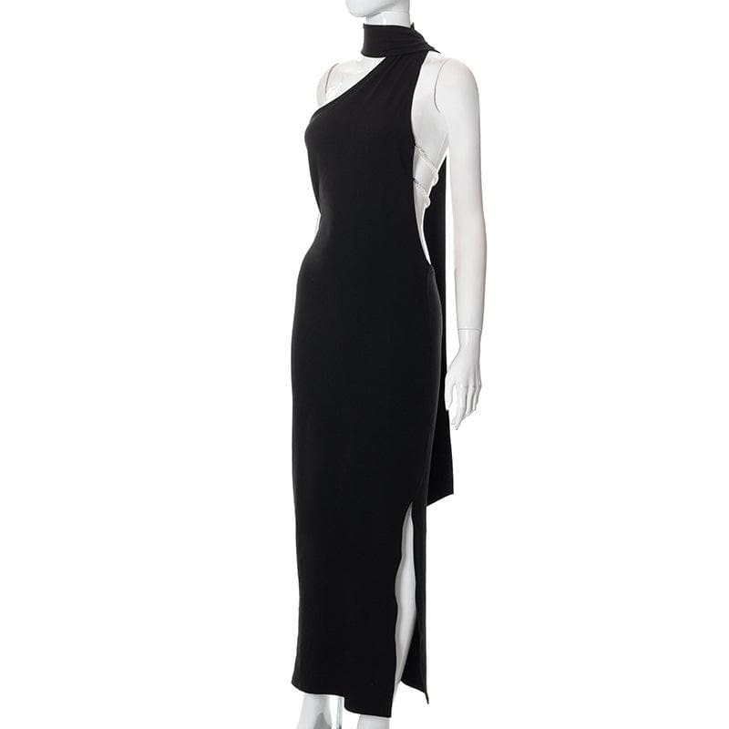 One shoulder backless slit solid halter beaded maxi dress 7