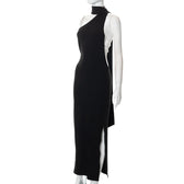 One shoulder backless slit solid halter beaded maxi dress 7