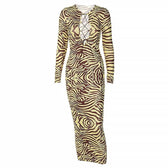 Long sleeve lace up zebra print midi dress