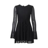 Long flared sleeve crewneck self tie mesh backless mini dress 9