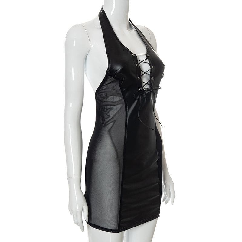 Faux Leather Lace Up Halter Neck Mesh Panel Bodycon Mini Dress 9