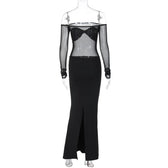 Ruched mesh patchwork off shoulder long sleeve slit maxi dress 4