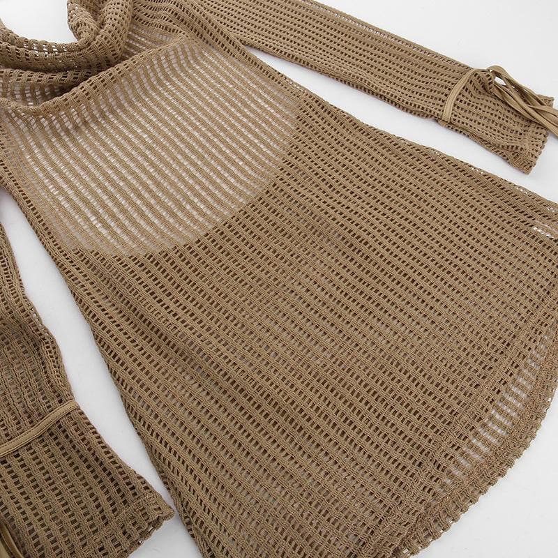 Crochet see through cowl neck long sleeve hollow out mini dress 5