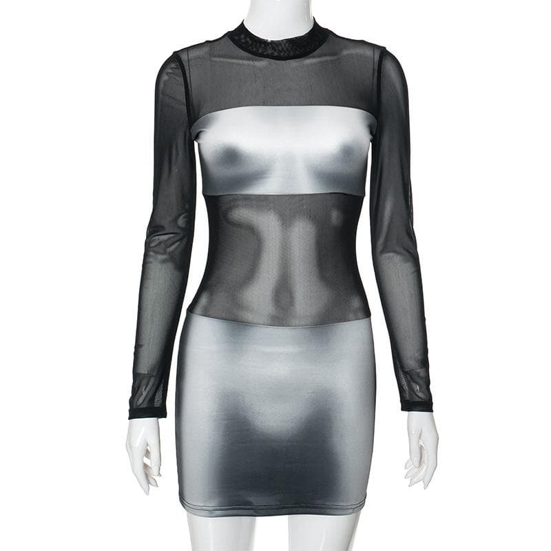 Body print mesh patchwork long sleeve contrast mini dress 8