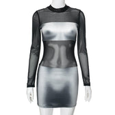 Body print mesh patchwork long sleeve contrast mini dress 8