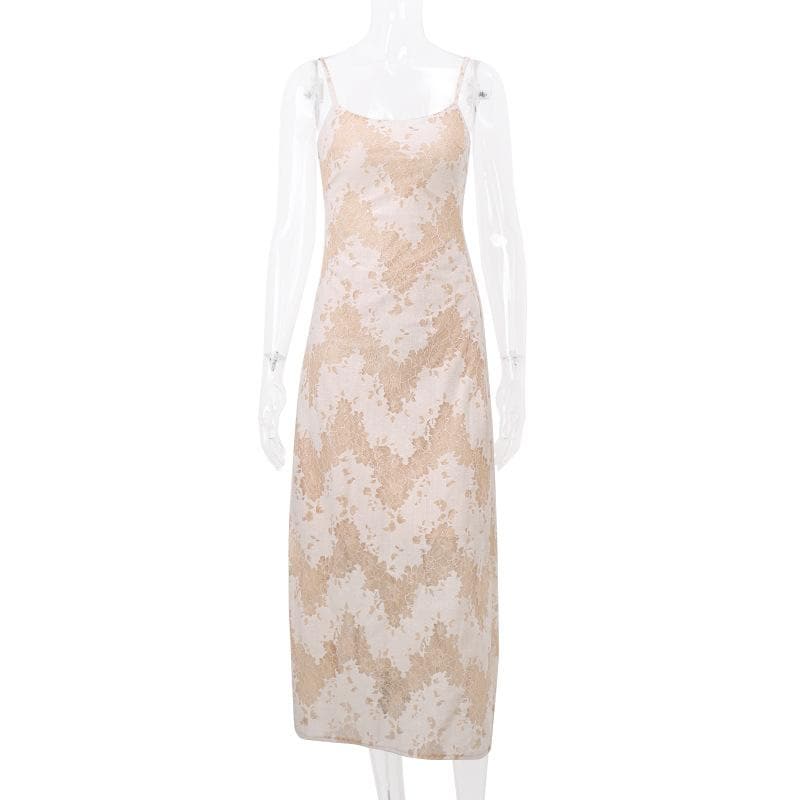 Lace u neck zip-up backless self tie cami midi dress 3