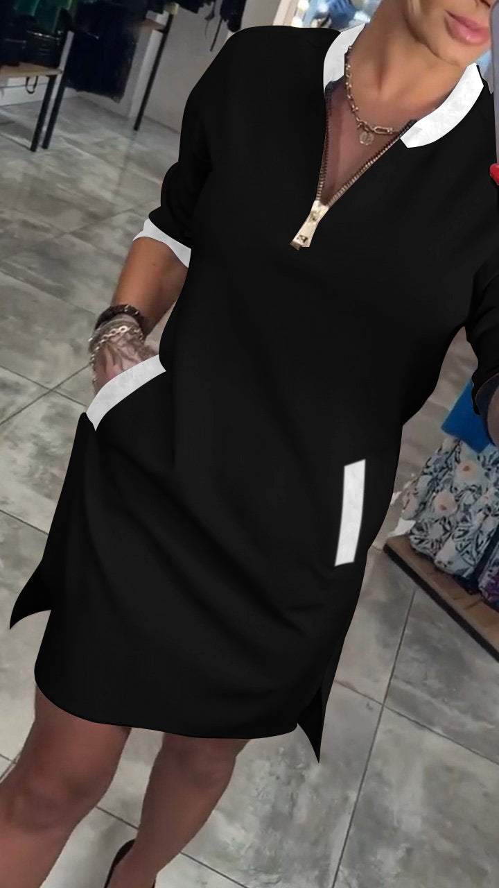 V-Neck Zip Contrast Trim Pocket Shift Mini Dress 5