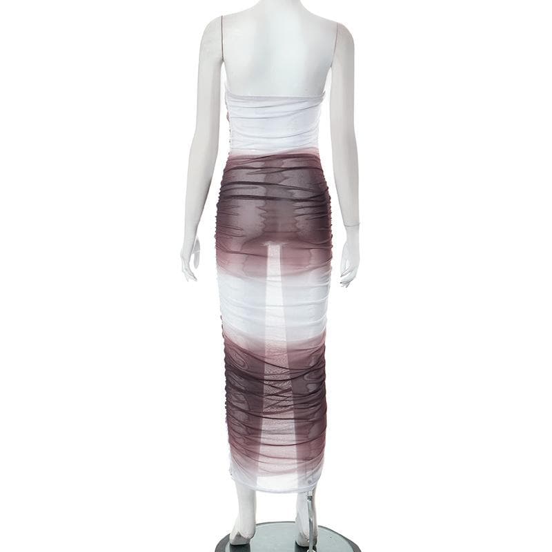 Gradient sheer mesh see through ruched tube maxi dress 4