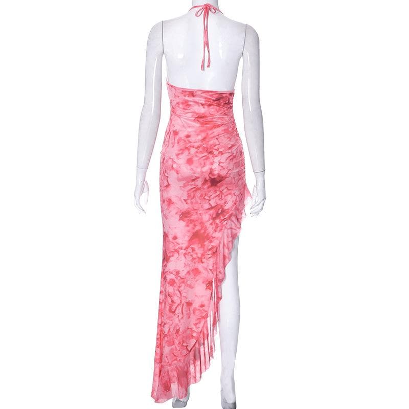 Mesh tie dye irregular contrast halter backless ruched maxi dress 4