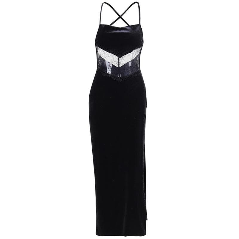 Velvet Lace Insert Waist Spaghetti Strap High Split Midi Dress 2