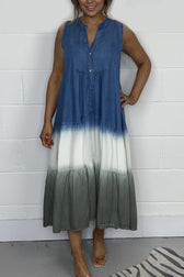 Chambray Sleeveless Button Front Tiered Midi Dress 3