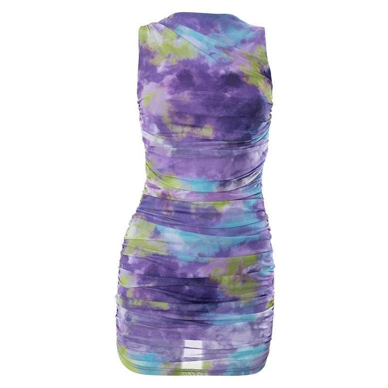 Ruched tie dye sleeveless crewneck mesh mini dress - Final Sale