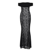 Lace off shoulder see through solid ruched maxi dress 2