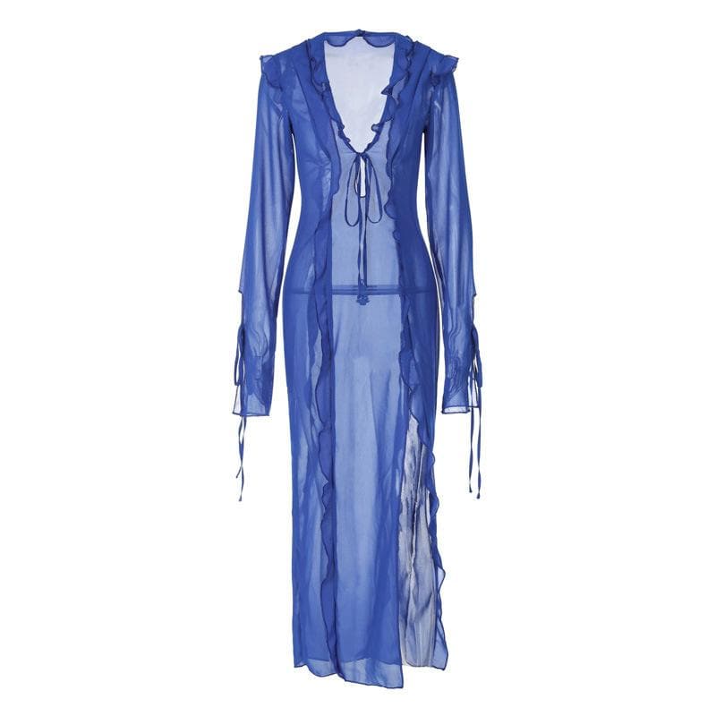 Slit chiffon see through long sleeve v neck self tie maxi dress 2