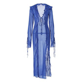Slit chiffon see through long sleeve v neck self tie maxi dress 2