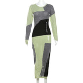 Hollow out crochet long sleeve contrast slit midi dress 2