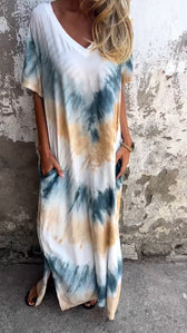 Tie Dye V-Neck Short Sleeve Pocket Maxi Dress