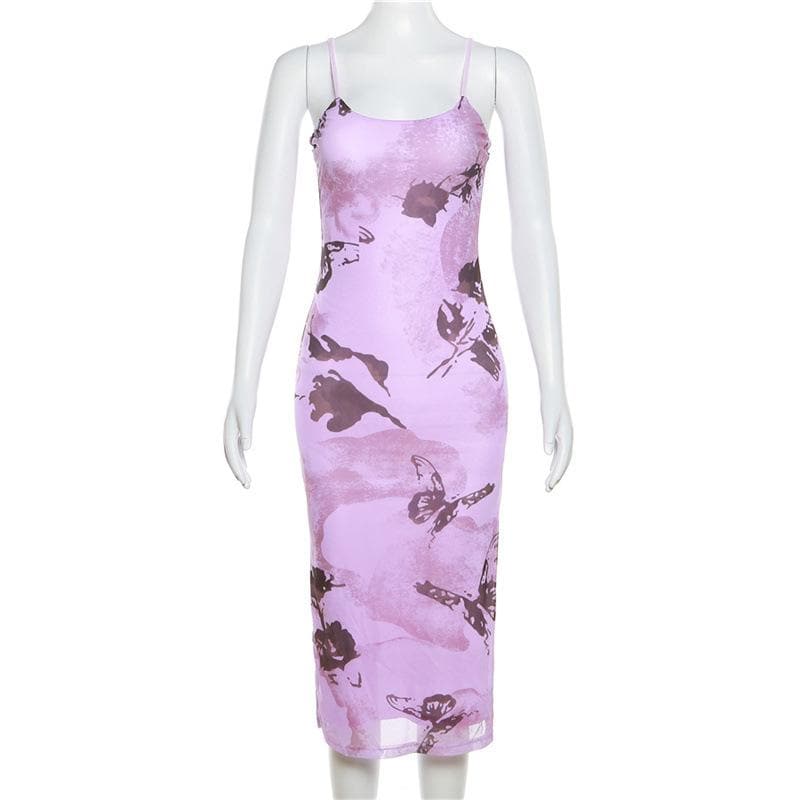 Mesh butterfly pattern slit backless contrast cami midi dress 8