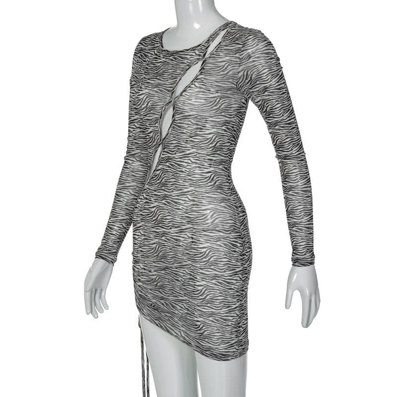 Zebra print hollow out irregular long sleeve sheer mesh see through mini dress 3