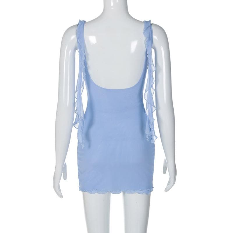 Mesh Square Neck Ruffle Strap Layered Hem Bodycon Mini Dress 9