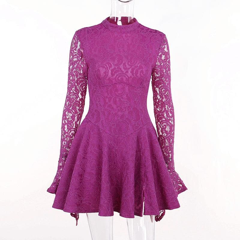 Lace hem long sleeve zip-up lace up backless solid ruffle mini dress 2