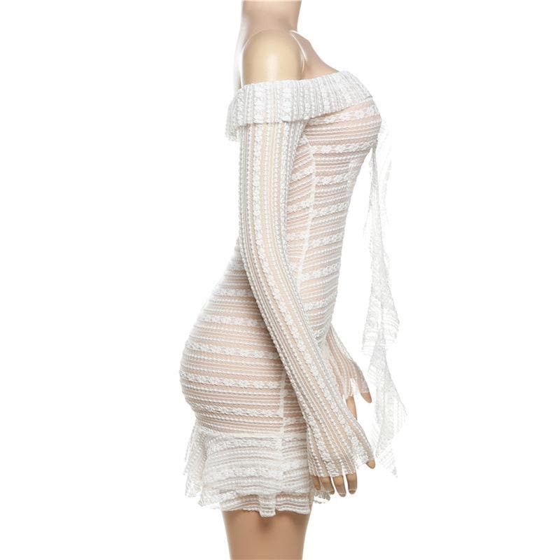 Lace see through off shoulder ruffle long sleeve solid mini dress 3