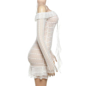 Lace see through off shoulder ruffle long sleeve solid mini dress 3