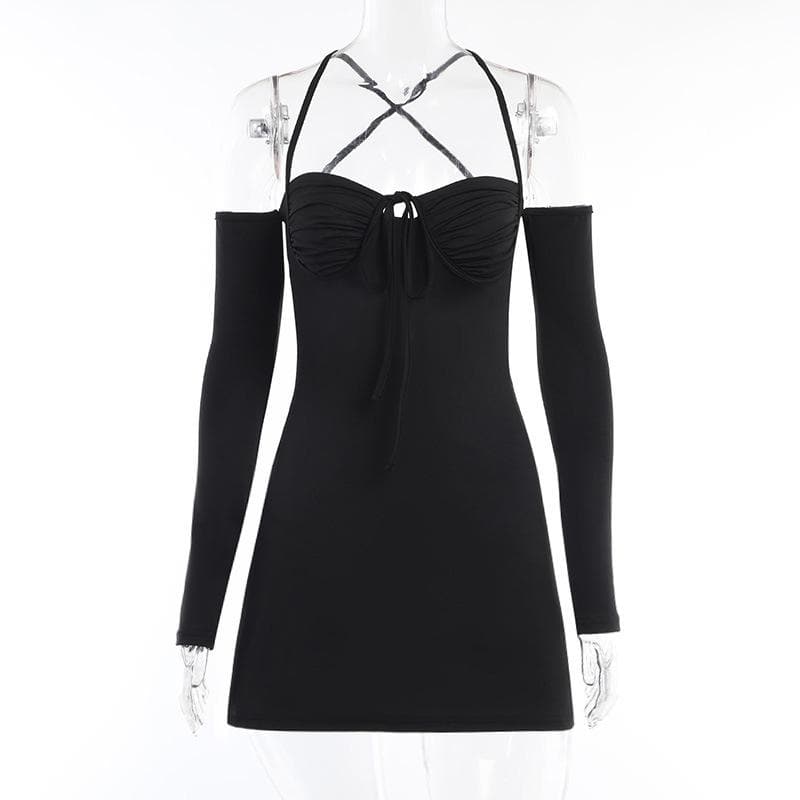 Lace up solid cross back off shoulder long sleeve mini dress 3