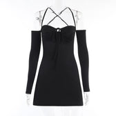 Lace up solid cross back off shoulder long sleeve mini dress 3
