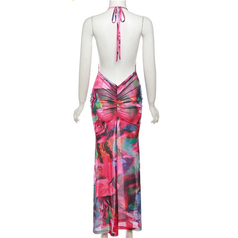 Ruched halter sheer mesh see through backless cowl neck contrast maxi dress 4