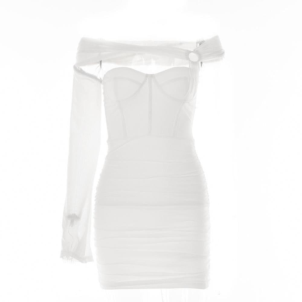 One Shoulder Mesh Sleeve O Ring Corset Ruched Mini Dress