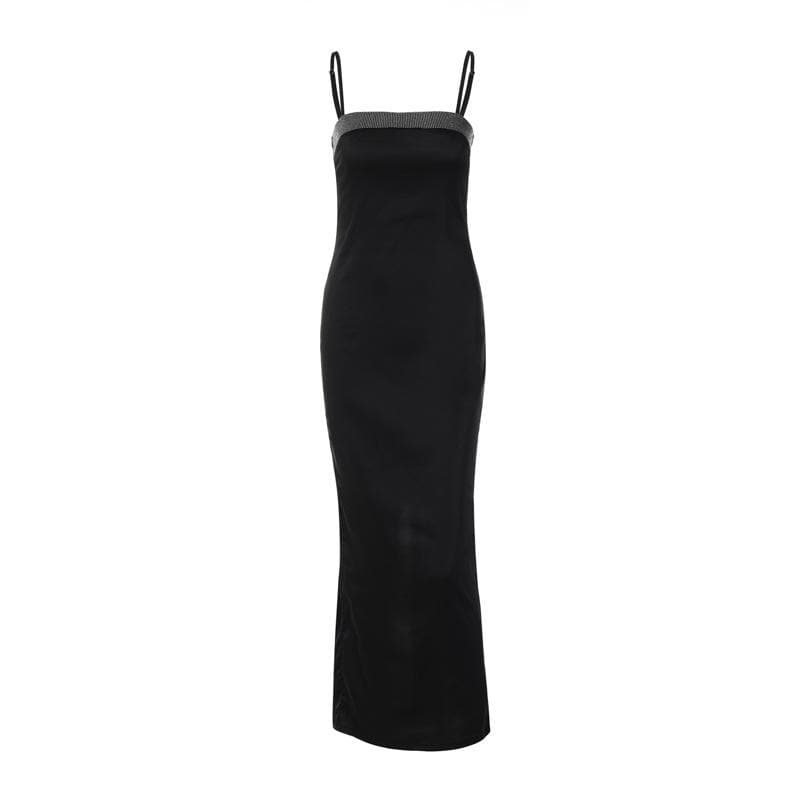 Square Neck Spaghetti Strap Beaded Trim Bodycon Maxi Dress