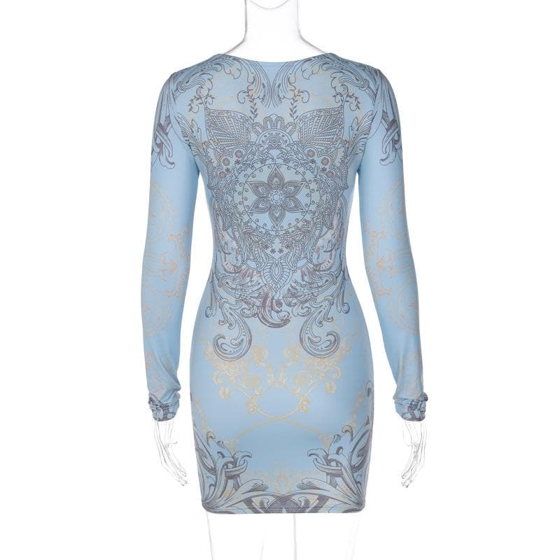 Beaded long sleeve u neck abstract contrast mini dress 5