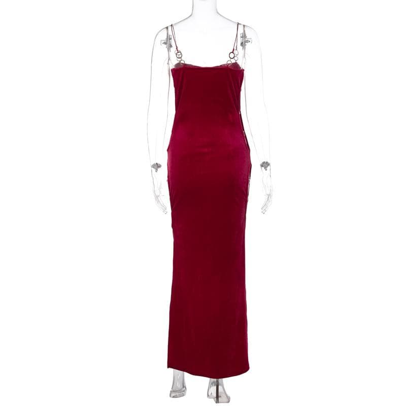 Velvet solid o ring hollow out slit backless maxi dress 4