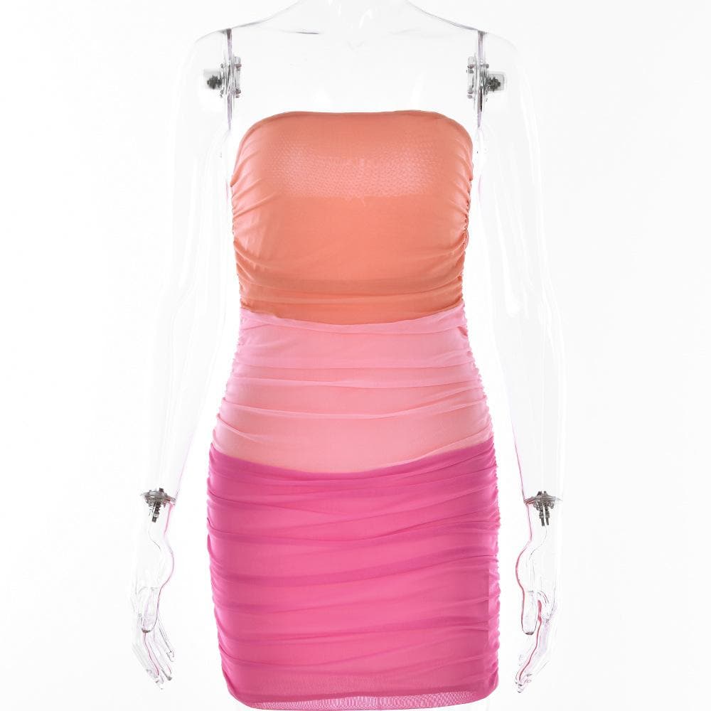 Mesh patchwork contrast ruched tube mini dress 8
