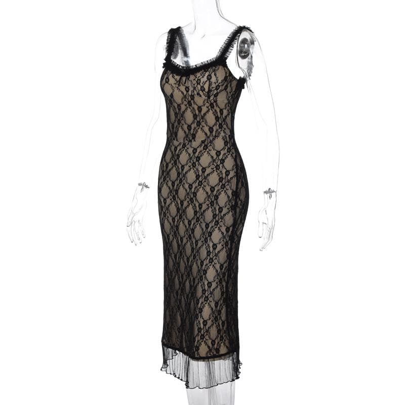 Lace hem contrast sleeveless low cut backless midi dress 3