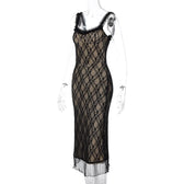 Lace hem contrast sleeveless low cut backless midi dress 3