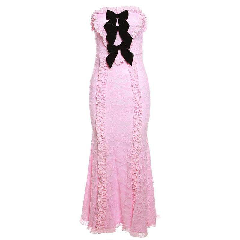 Lace contrast bowknot zip-up ruffle backless tube maxi dress 6