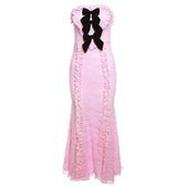 Lace contrast bowknot zip-up ruffle backless tube maxi dress 6
